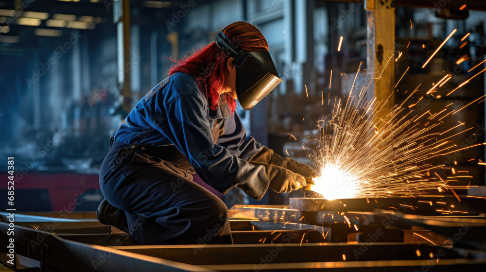 Female welder in a mask welds metal in a factory workshop. Female welder in a mask welds metal in a factory workshop.