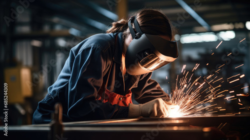 Female welder welds metal while working at an industrial plant. photo