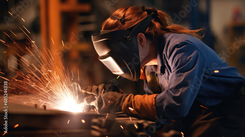 Female welder in a special mask welds metal in a factory workshop. Sparks when welding metal. photo
