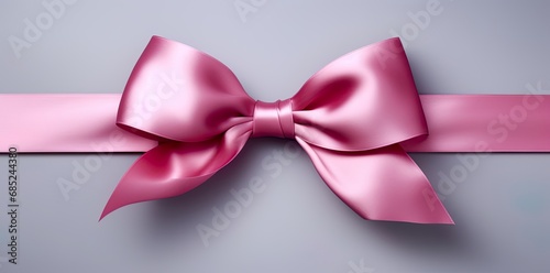 Pink shiny bow on a grey background, elegant card for presents, vouchers, banners. Magenta ribbon on silver backdrop for celebration.