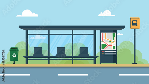 Empty bus stop with sky background. Bus stop public transport in flat style. Vector stock