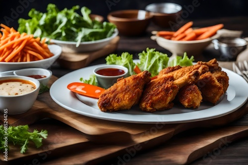 Crispy fried chicken, salad, and carrots on a dish