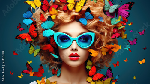 Beautiful woman in blue glasses surrounded by butterflies on a blue background.