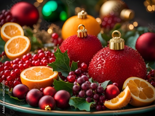 Colorful New Year fruit table made of oranges  berries  grape  decorated with Christmas balls. Festive background