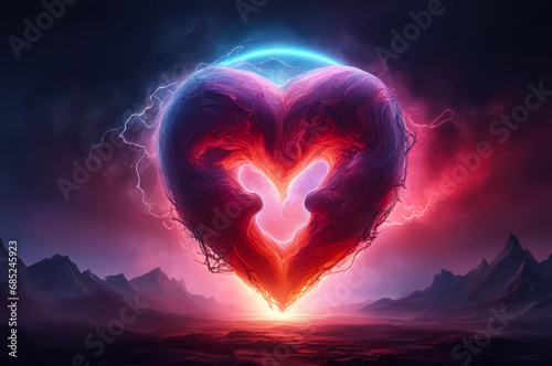 A heart with multicolored neon light and smoke. Dark background. Fantastic landscape. AI