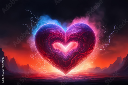 A heart with multicolored neon light and smoke. Dark background. Fantastic landscape. AI