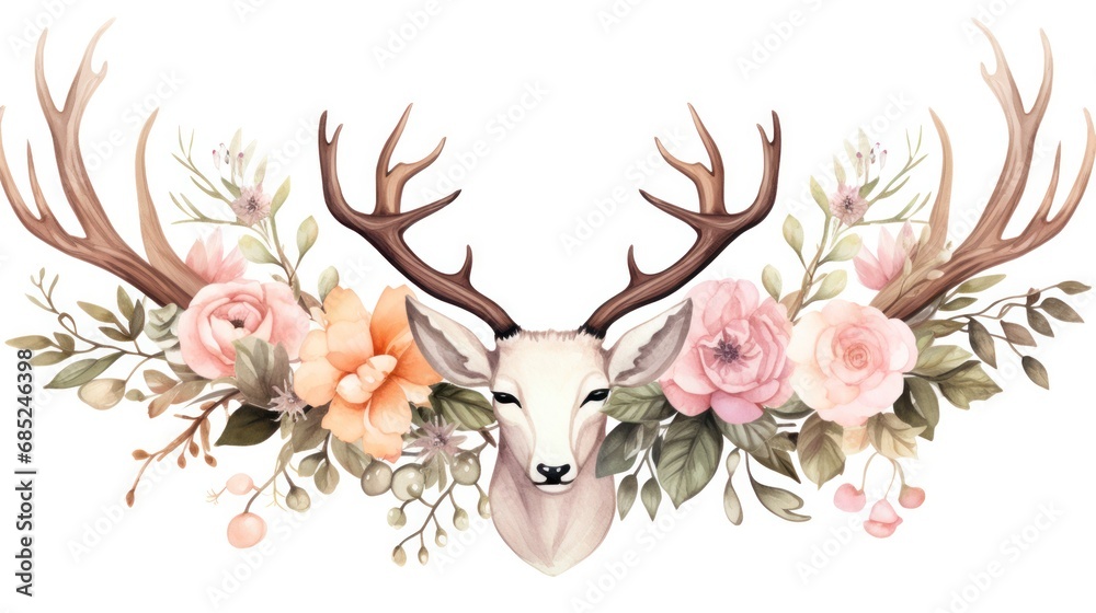 Bohemian-style deer horns, Gilded border and Arrangement containing Watercolor elk antlers, lush foliage and floral artwork - obrazy, fototapety, plakaty 