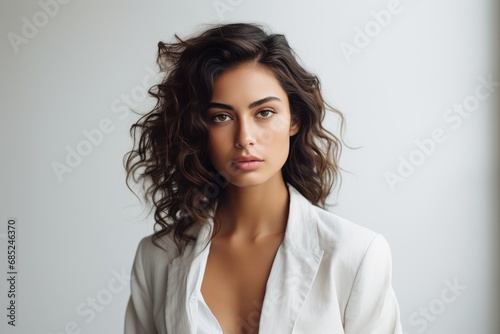 Photo of a professional model with a classic and timeless expression in a clean white studio setting. Generative AI
