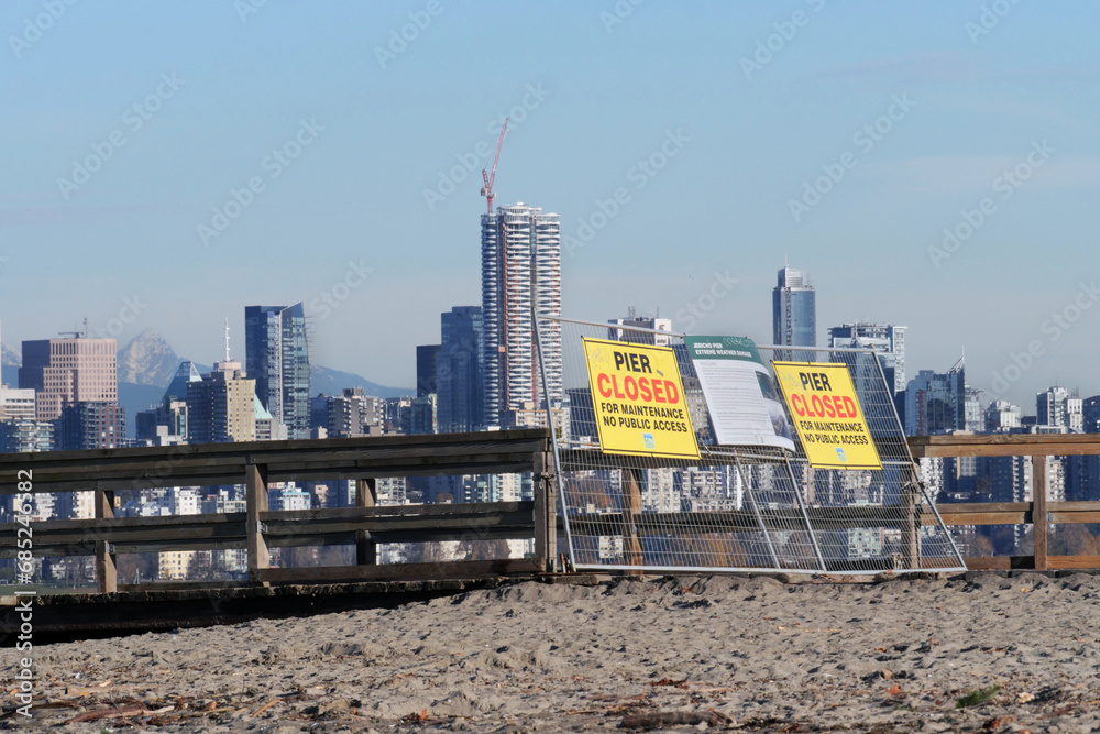 Jericho Pier under construction with the skyline of Vancouver in the background at Jericho Beach in Vancouver, British Columbia, Canada Jericho Pier under construction with the skyline of Vancouver in the background at Jericho Beach in Vancouver, British Columbia, Canada
