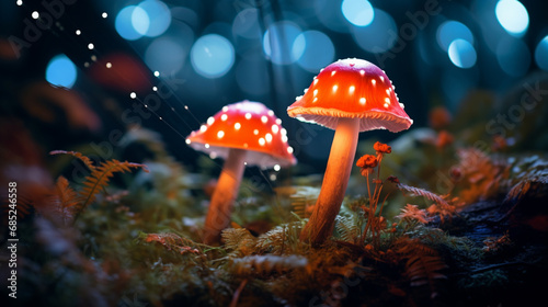 A picture of amanita muscaria mushrooms in neon style