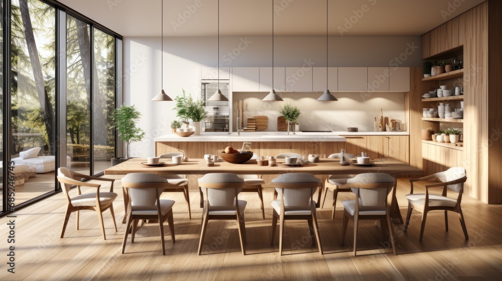 Interior of modern spacious kitchen with wooden trim in luxury villa. Open shelves with utensils, dining table with chairs, panoramic windows with picturesque landscape view. Contemporary home design.