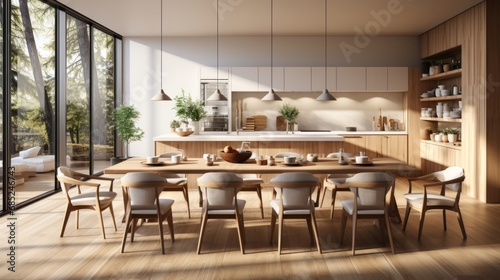 Interior of modern spacious kitchen with wooden trim in luxury villa. Open shelves with utensils, dining table with chairs, panoramic windows with picturesque landscape view. Contemporary home design.