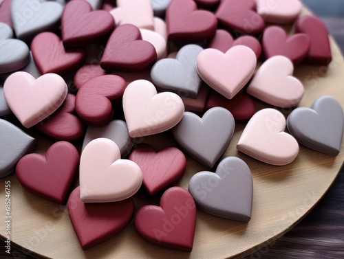 A pile of wooden hearts on a wood table