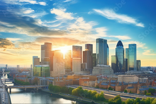 Panoramic skyline view of Bank and Canary Wharf, central leading financial districts with famous skyscrapers at golden hour sunset with blue sky and clouds