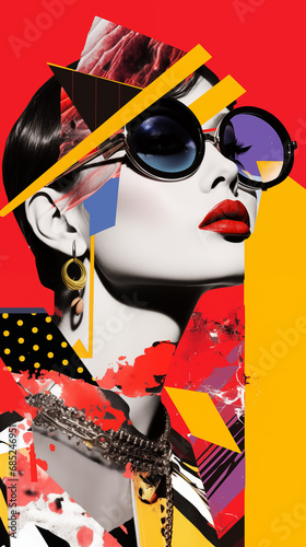 90s collage in modernist style combining abstract and colourful elements  illustration concept  fashion billboard and rock beauty. Black and white woman posing with sunglasses on red background 