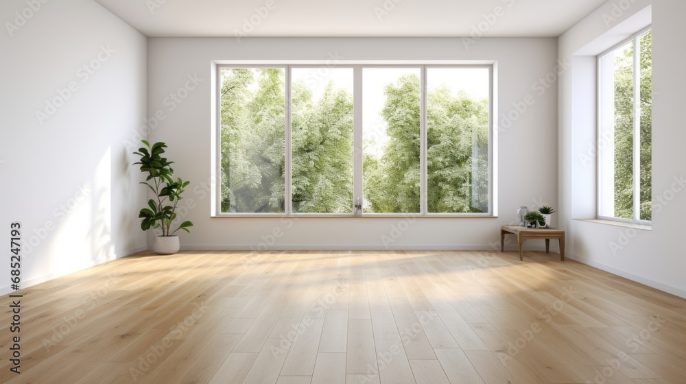 Empty minimalist room in modern apartment. White walls, hardwood floor, wooden coffee table, indoor plant in pot, large windows with city view. Mockup. Empty minimalist room in modern apartment. White walls, hardwood floor, wooden coffee table, indoor plant in pot, large windows with city view. Mockup.