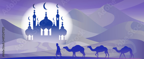 Arabian fairy tale cityscape castle architecture, cartoon buildings, bedouin camel caravan silhouette, muslim antique mosque, night desert, ancient traditional town. Middle east. Vector illustration