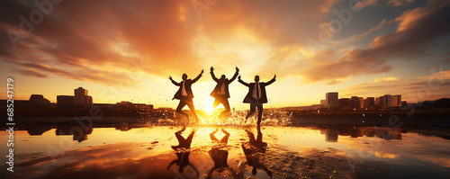 freedom and creativity Silhouette Businessmen Jumping to Success in Corporate Collaboration, Corporate Energetic Success: Silhouette Businessmen Jumping in Joy, Feel the excitement and motivation