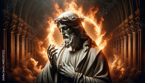 a statue of Jesus with a blurred fire burning-like effect in the background.