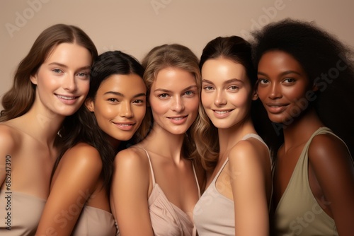 Close-up studio portrait of five cheerful young diverse multiethnic women. Female models smiling at camera while posing together. Diversity, beauty, friendship concept. Beige monochrome background.