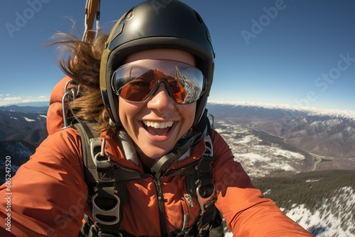 Joyful parachutist takes a selfie against the background of mountains © Ihor