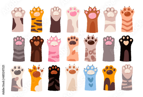 Cute cat paws set. Domestic pet foot isolated on white background. Collection of kitten legs. Flat vector illustration
