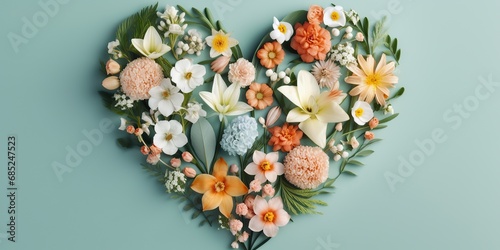 Minimal love concept of heart shaped made of spring floral flowers. Soft pastel colors. Creative Valentine's Day.