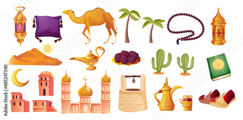 Collection of middle east symbols. Set of lamp, carpet, camel, palm, mosque, moon, koran book, desert. Religious and traditional concept. Isolated on white background. Vector illustration