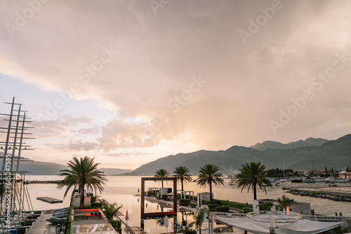 Luxurious marina of the Regent Hotel with yachts, palm trees, swimming pool and modern sculptures. Porto, Montenegro