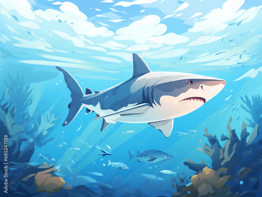 A shark is swimming in shallow waters looking for prey. Swim between the cracks of the new coral and seaweed. A shark is swimming in shallow waters looking for prey. Swim between the cracks of the new coral and seaweed.