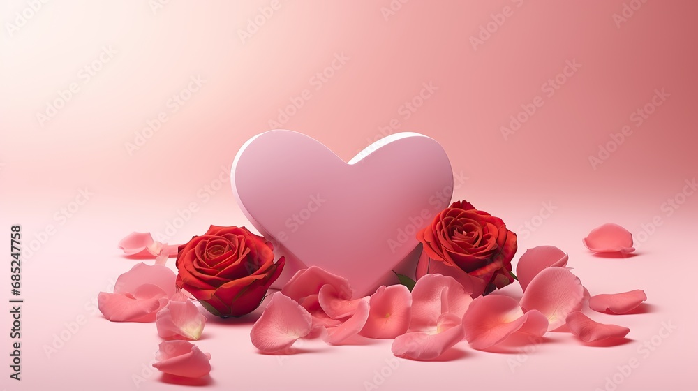Pink podium in the shape of a heart with rose petals on pink background. Product Mockup, model for showcase products Valentine's day concept