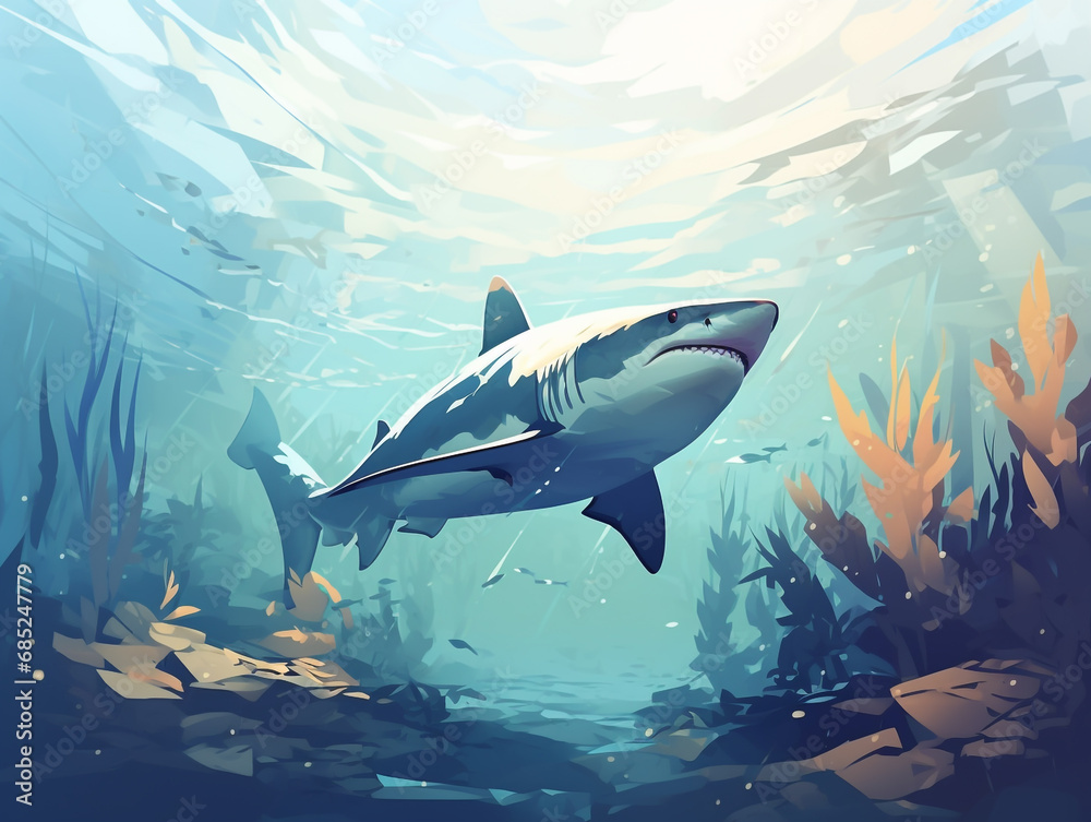 Obraz premium A shark is swimming in shallow waters looking for prey. Swim between the cracks of the new coral and seaweed.