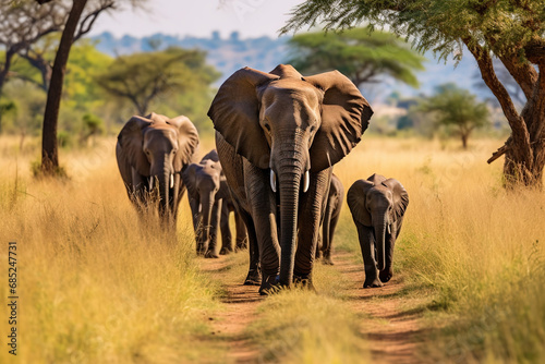 Herd of Elephants in Africa walking through the grass in Tarangire National Park, Tanzania © arhendrix