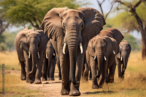 Herd of Elephants in Africa walking through the grass in Tarangire National Park, Tanzania