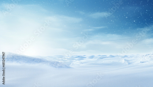 Snowy background. New Year's mood, christmas snowy background. Blue and white shimmer. Snowy hills and sky. © Pavel
