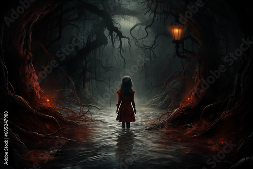 little girl in red dress standing in water in horror forest