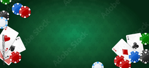 Vegas casino colorful poker chips and ace cards. Gambling addiction, risky money, huge jackpot, lucky game. Concept of playing game via real cash. Green background. Vector illustration