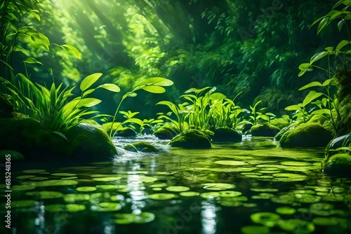 Beautiful spring detailed close up stream of fresh water with young green plants. Horizontal banner  springtime concept. Abstract outdoor wild nature background. AI generative image. 