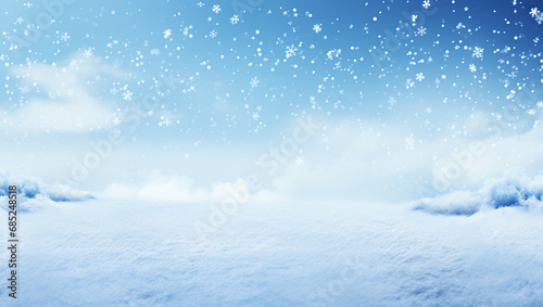 Snowy background. New Year s mood  christmas snowy background. Blue and white shimmer. Snowy hills and sky.
