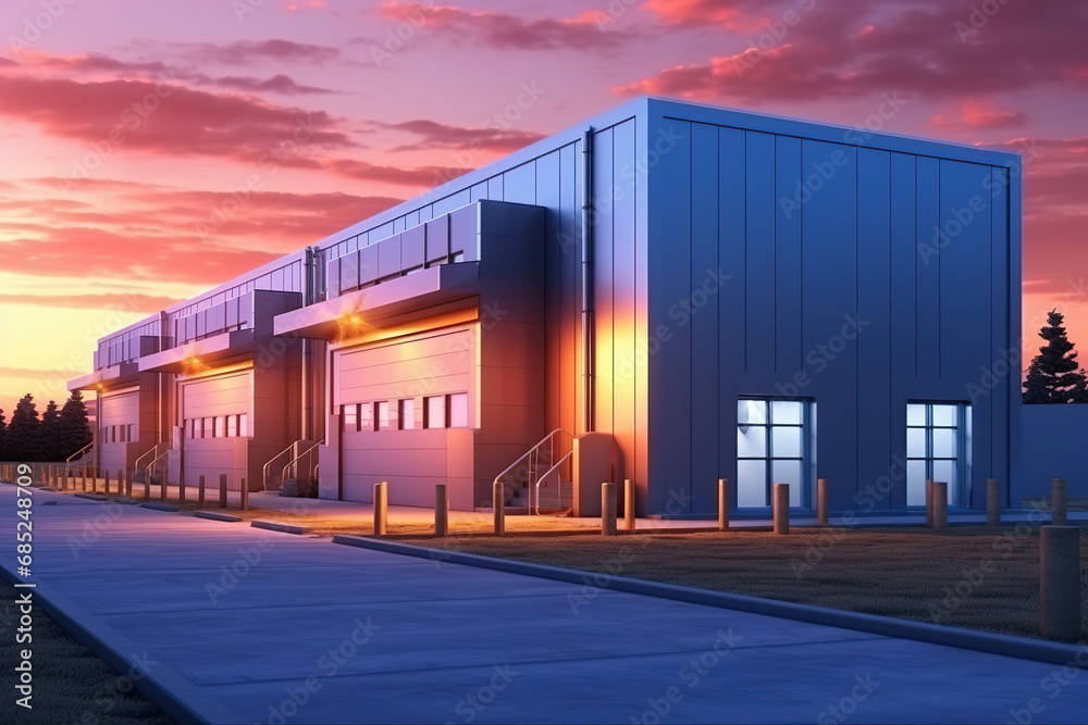 Obraz premium Facades warehouse buildings. Warehouse buildings with evening illumination. Exterior of warehouse hangars in evening. Building in simple style for storing goods. Spacious concrete parking.
