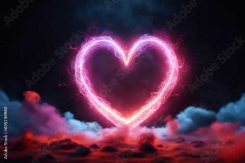 A heart with multicolored neon light and smoke. Dark background. Fantastic landscape. AI