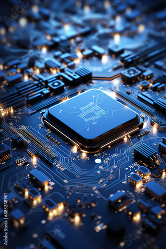 Futuristic Blue Circuit Board Illuminated with Glowing Lights