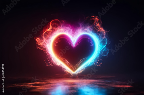 A heart with multicolored neon light and smoke. Dark background. Fantastic landscape. AI