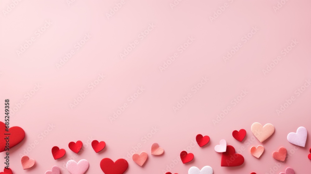 Valentine's Day background illustration with paper cut style red and pink heart on pink background.