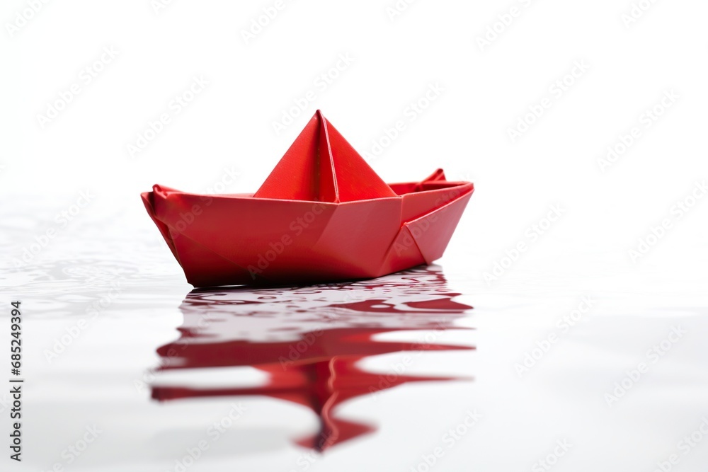 Red origami boat swimming between white boats