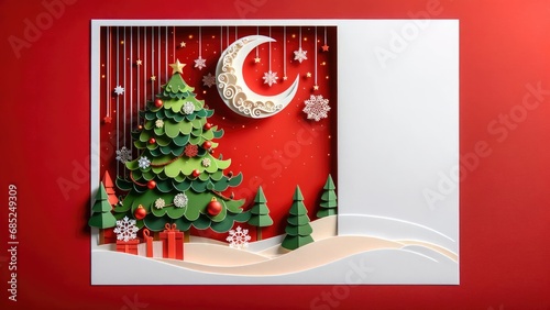 Christmas background, Decorated with christmas tree and gift box, Winter christmas composition in paper cut style decoration for Celebration.