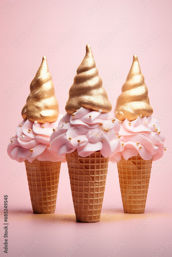 three Christmas tree shaped ice creams in cones on a pastel pink background, pink and gold colors, holiday dessert three Christmas tree shaped ice creams in cones on a pastel pink background, pink and gold colors, holiday dessert