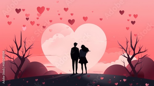 Valentine s Day background with a romantic silhouette of a couple between two trees shaped like hearts under a soft pink sky filled with smaller hearts.