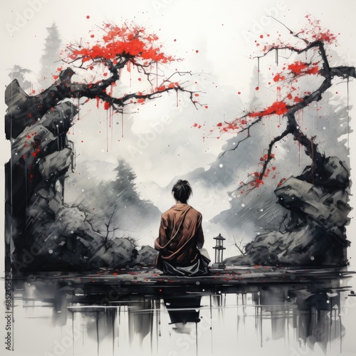 A painting of a person sitting on a bench, zen landscape with calm water.