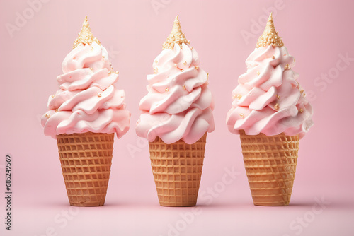 three Christmas tree shaped ice creams in cones on a pastel pink background  pink and gold colors  holiday dessert
